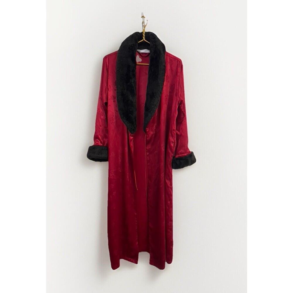 VICTORIA'S SECRET Vtg Black Red Floral Plush Velvet Velour Long Luxury Robe XS
